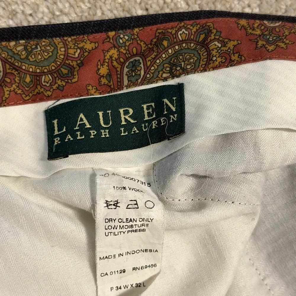 Men's Lauren Ralph Lauren Wool Dress Pants 34x32 Black Blue Plaid Pleated Office